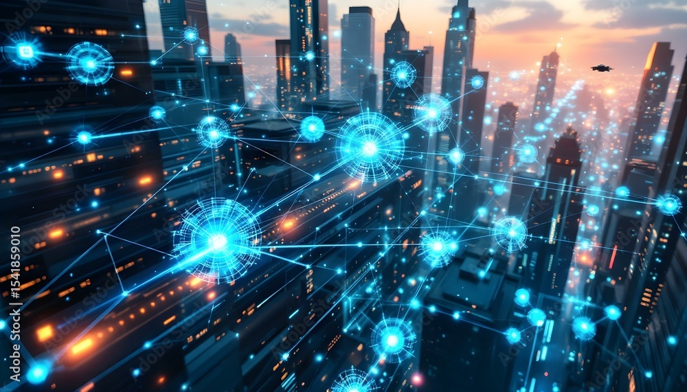 Obraz premium High-tech data streams flowing through a 3D network of glowing nodes and connections 