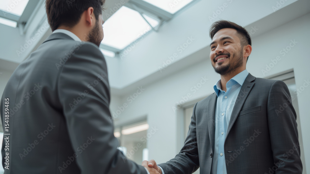 Professional handshake in modern office setting, showcasing collaboration and business relationships. atmosphere is positive and engaging Professional handshake in modern office setting, showcasing collaboration and business relationships. atmosphere is positive and engaging
