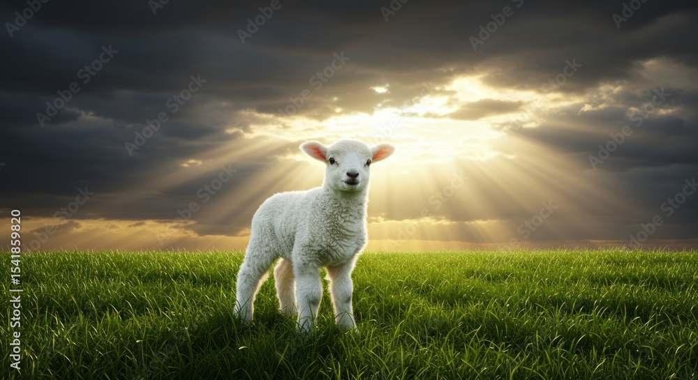 Fototapeta premium Cute Lamb Standing in Green Grassy Field with Radiant Sunlight Shining Through Dramatic Cloudy Sky