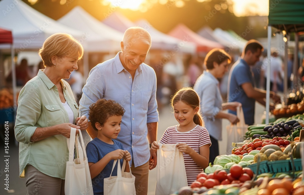 Obraz premium Promoting plastic-free lifestyles on International Plastic Bag Free Day with a family united in eco-friendly shopping, carrying reusable bags with pride.