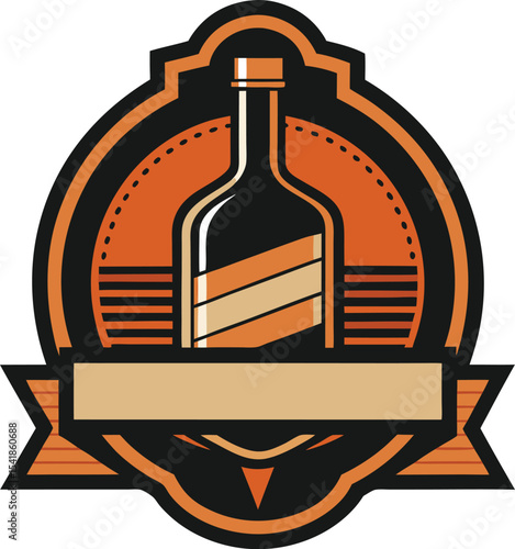 Vintage Circular Emblem Featuring a Whiskey Bottle, Decorative Ribbon and Stripes
