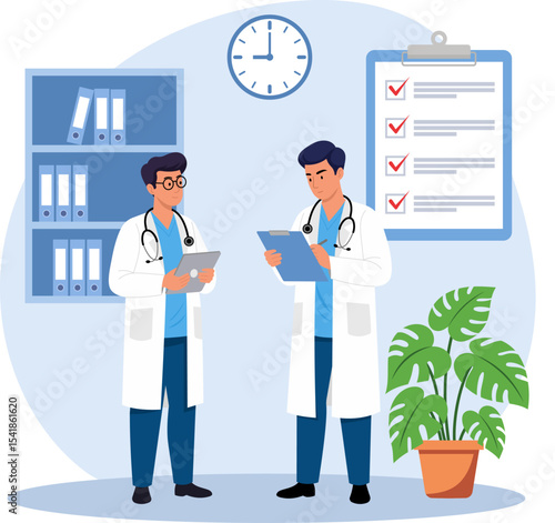 Illustration of a Two Doctors Discussing Patient Data Medical Consultation and Healthcare Team