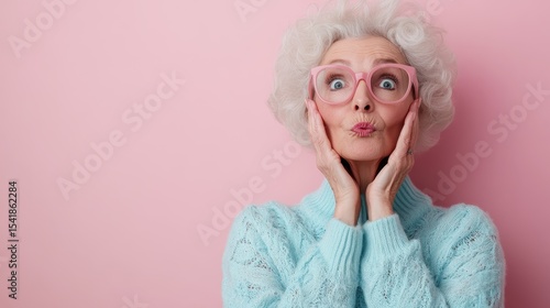 An elderly woman with a joyful expression and stylish pink glasses poses playfully against a soft pink background, embodying the spirit of youthfulness and vibrancy in her later years.