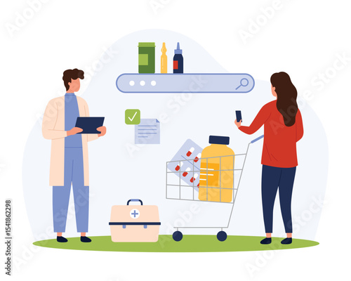 Search and purchase medications online, pharmacy mobile app vector illustration. Cartoon tiny woman with phone and medicines in shopping cart, digital prescription of drugs by virtual doctor