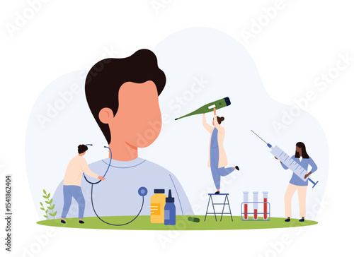 Diagnosis, prevention and treatment of season infections, influenza and flu, colds in children vector illustration. Cartoon tiny people check sick boy health with thermometer and stethoscope