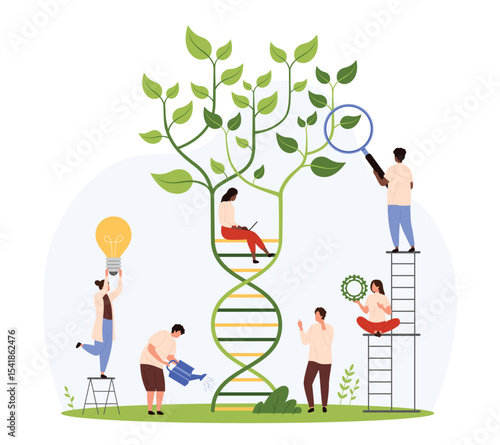 Genetic research and biotechnology development in laboratory. Tiny people with magnifying glass discover plant cell DNA, geneticists work with genes and chromosomes cartoon vector illustration
