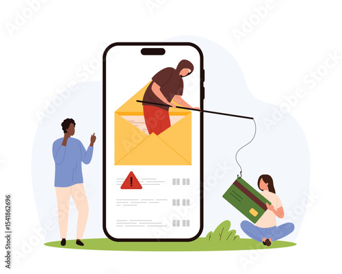 Fraud, cyber attack on personal financial information and account. Thief from open letter on mobile phone screen holding fishing rod to catch credit card from tiny people cartoon vector illustration