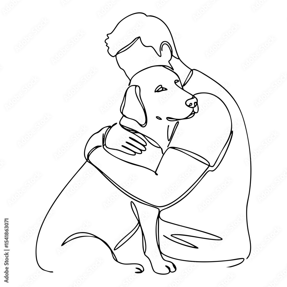 Fototapeta premium Vector line art of a man hugging a labrador, clean minimalist dog lover sketch