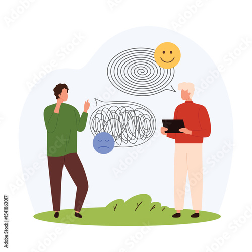 Online therapy with psychologist vector illustration. Cartoon tiny people on psychotherapy session, psychotherapist working with tangled thread to help, simplify complex mind problem in patients life