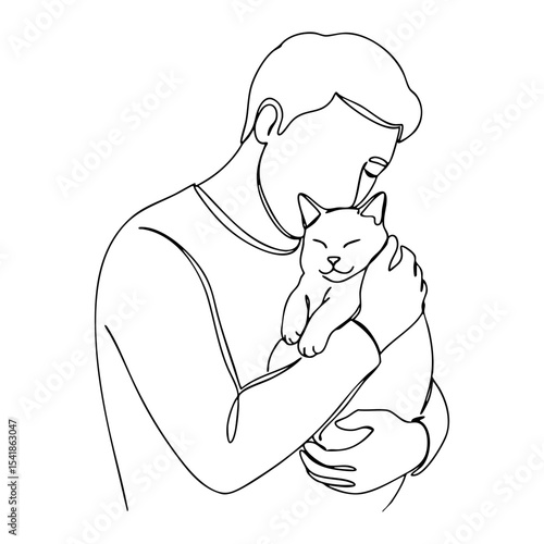 Minimalist vector line art of a faceless man lovingly embracing a content cat in a peaceful and comforting pose