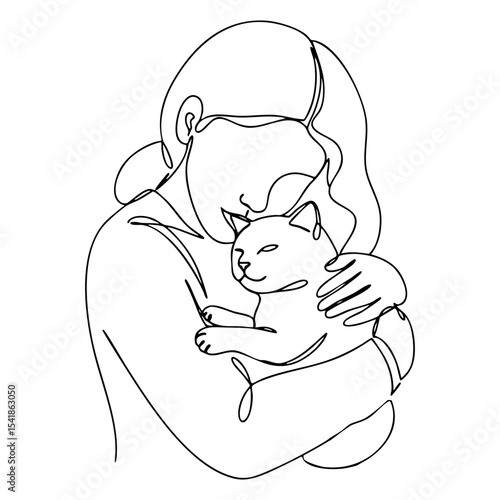 Minimal vector line art of a woman wearing glasses hugging a happy cat, expressing closeness and comfort in modern style