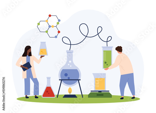 Chemical research in laboratory vector illustration. Cartoon tiny people boiling liquid in flasks on burner, scientists research chemical reaction of samples in glass test tubes to study chemistry