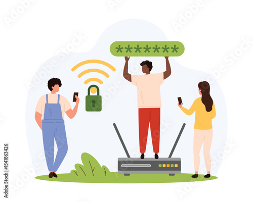 Wireless connection protection with password, cyber security and wifi safety. Tiny people protect access to Internet network with encryption, online authorization cartoon vector illustration