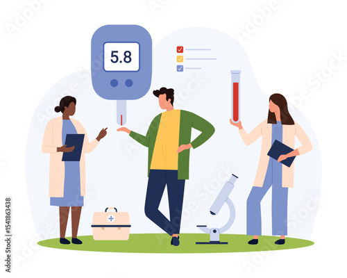 Hypoglycemia and hyperglycemia control in diabetes for insulin therapy vector illustration. Cartoon tiny people with glucometer check sugar level in blood of sick patient, doctors monitoring health