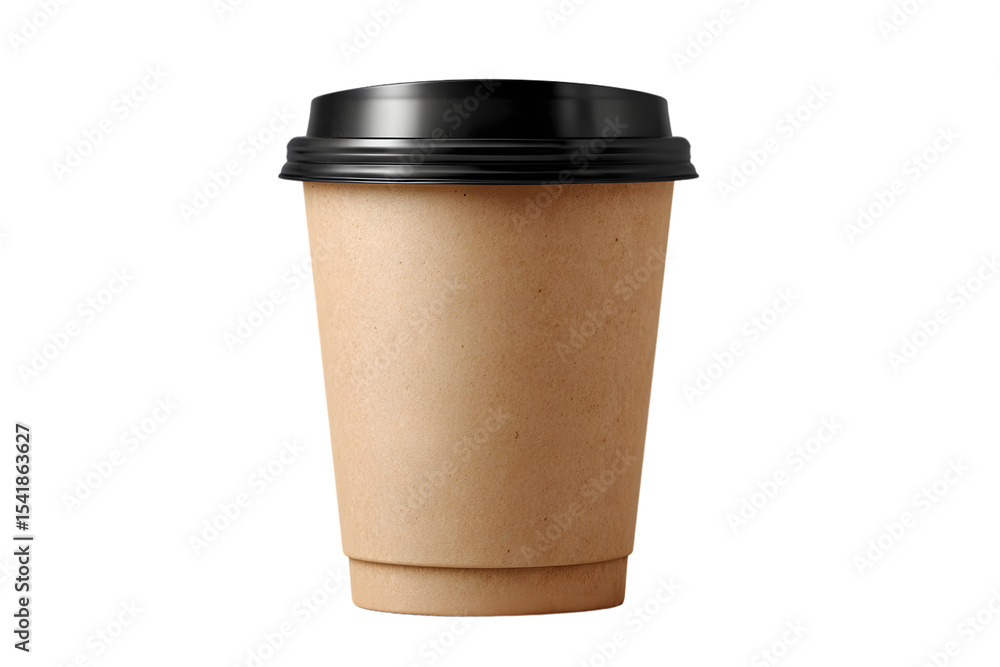 Mock-up product cafe brown paper coffee cup with a black plastic lid, on a white background Mock-up product cafe brown paper coffee cup with a black plastic lid, on a white background