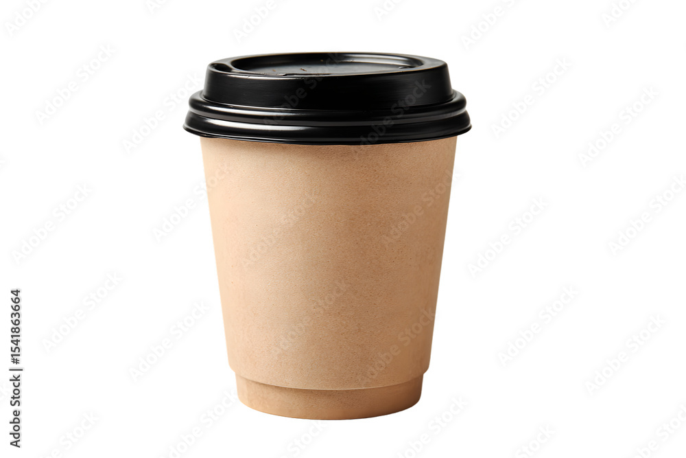 Mock-up product cafe brown paper coffee cup with a black plastic lid, on a white background Mock-up product cafe brown paper coffee cup with a black plastic lid, on a white background