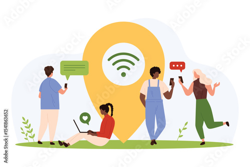Wifi hotspot access vector illustration. Cartoon tiny people surfing internet near web signal sign, characters using computer, laptop and phones in public zone with free wireless cover for everyone