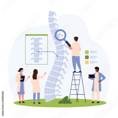 Orthopedic checkup of spine vector illustration. Cartoon tiny people examine vertebrae in spinal column with magnifying glass, search for problems with spine at preventive appointment with orthopedist