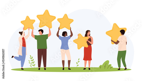 Customer review, users recommendation and rating five stars vector illustration. Cartoon diverse group of tiny people holding 5 to vote for excellence of product or service, good experience evaluation