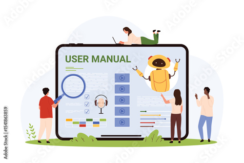User manual chatbot, AI bot of mobile app for customer support. Tiny people with magnifying glass work with robot of digital FAQ service on tablet screen, chat for answers cartoon vector illustration