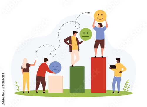 Positive marketing strategy, improvement results vector illustration. Cartoon tiny people improve mood and customer satisfaction with product, team climbing stairs with unhappy and happy emoji