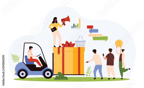 Advantages of loyalty referral program for consumer, benefits and bonuses, giveaway. Tiny people carry giant gift box on forklift for tiny audience, share prize for friends cartoon vector illustration