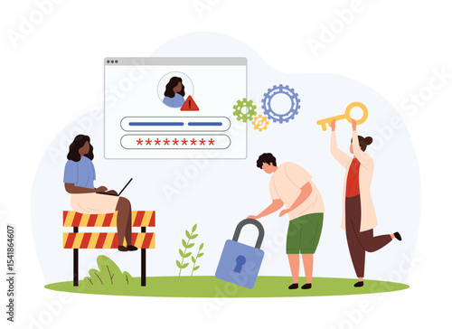 Wrong password, notification of security protection system. Tiny people holding key to open lock, mobile SMS or push chat message of alert information about virus attack cartoon vector illustration