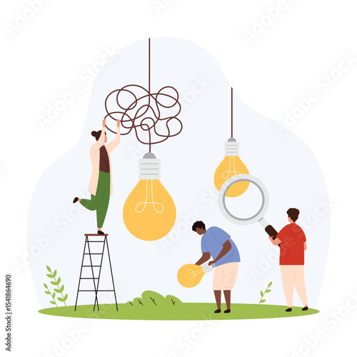 Digital idea research vector illustration. Cartoon tiny people unravel tangled wire of hanging glowing light bulb, characters holding magnifying glass and money to invest in success creative solution