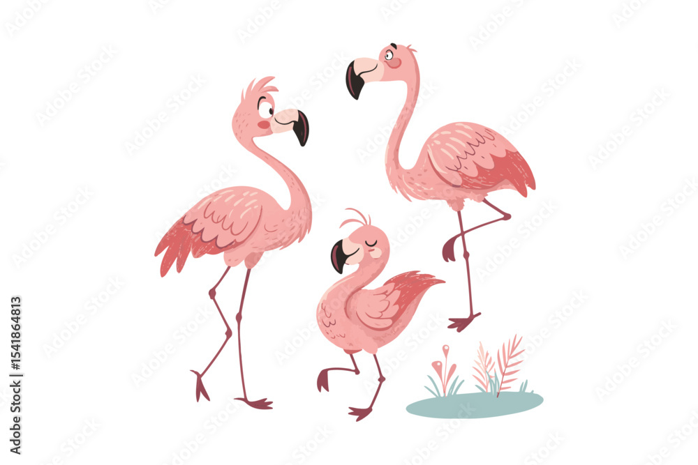 Fototapeta premium Pink Flamingo Vector Illustration with Tropical Bird Standing on White Background