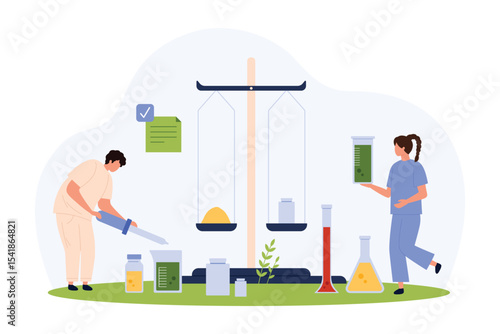 Pharmaceutical research in laboratory vector illustration. Cartoon tiny people work on pharma innovation with scientific balance scales and lab test tubes, development and analysis by scientists