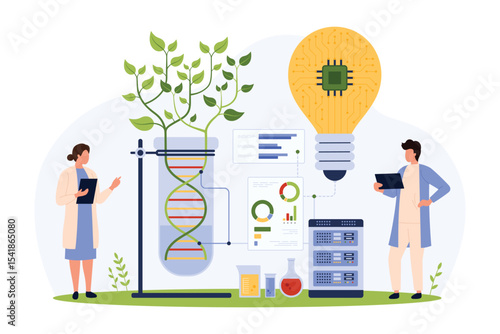 Genetic research and biotechnology for agriculture. Tiny people growing green plant from DNA of cell in lab experiment, geneticists work with digital project and light bulb cartoon vector illustration