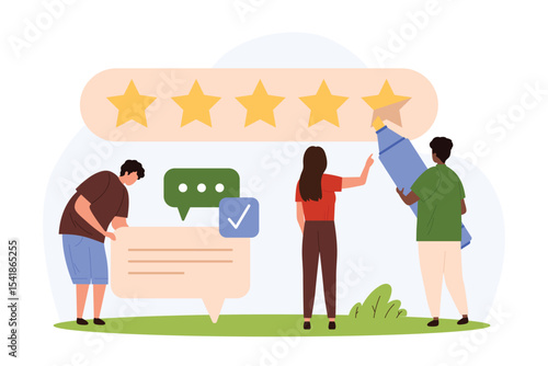 Customer review vector illustration. Cartoon tiny people holding marker to grade product with 5 yellow stars in quality survey, consumers rate service and give positive comment and clients feedback