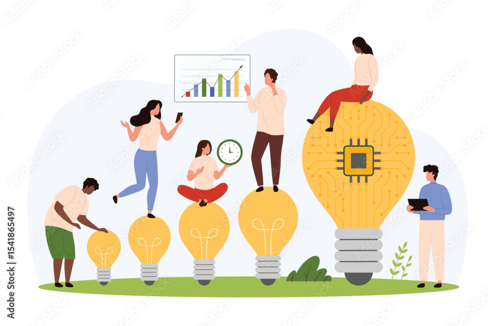 Fototapeta premium Workshop meeting, brainstorm cooperation for development of creative ideas. Tiny people work with small and big bright light bulbs, circuit inside digital project lamp cartoon vector illustration