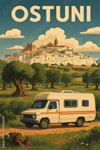 Travel poster depicting a panoramic view of the city of Ostuni in Puglia seen from afar. In the foreground a camper immersed in the olive trees of Puglia.