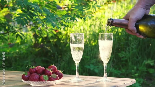 Hand pours champagne into flutes on sun-drenched wooden table, next to bowl of ripe strawberries against vibrant green garden backdrop. Perfect for themes of summer celebrations and outdoor indulgence