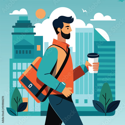 Urban Walker: Man with Coffee and Messenger Bag in Cityscape
