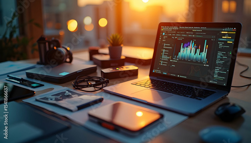 Wallpaper Mural Laptop Displaying Data Graph on Desk with Camera and Other Devices Torontodigital.ca