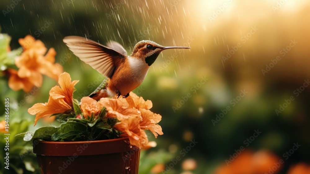 Naklejka premium A vividly colored hummingbird is hovering next to vibrant flowers, capturing the beauty of nature and movement, emphasizing the joy and harmony found in natural environments.