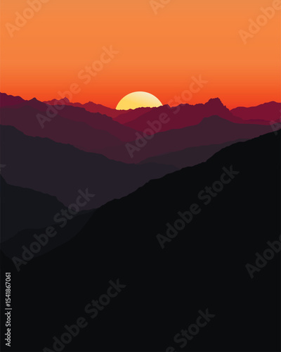 Minimalist mountain landscape at sunset in vector style.