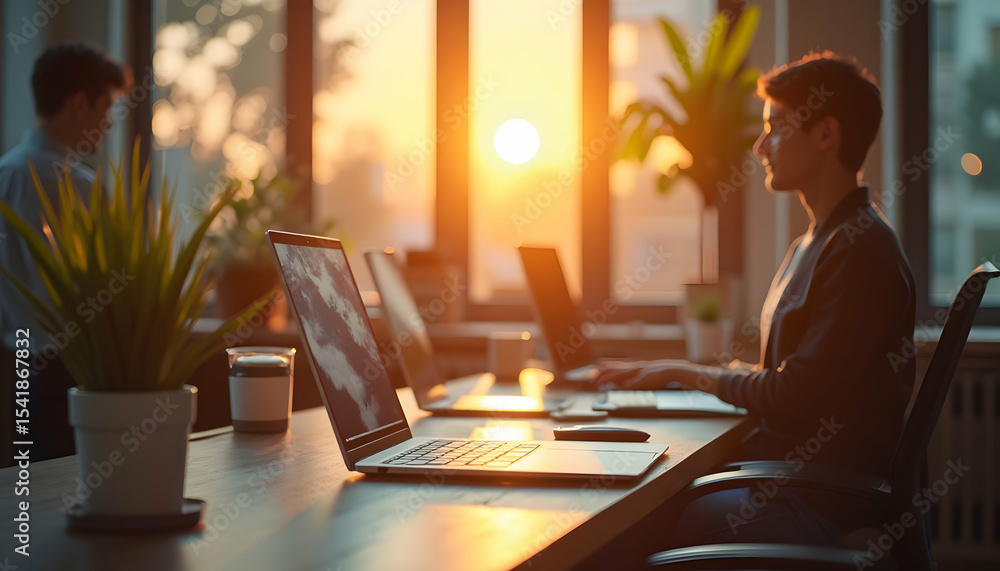 Fototapeta premium People Working at Laptops During Sunset in Office