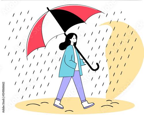 Young Woman Walking in Rain - Elegant Umbrella Vector Illustration (Urban, Rainy Day Scene) - Isolated on Transparent Background