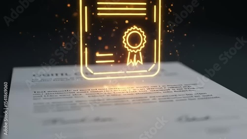 Digital certificate floating above a signed document, with a dark background and glowing effects