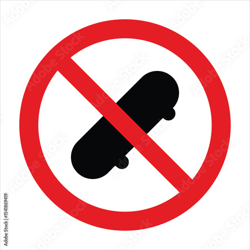 Red circle with a diagonal red line crossing out a black skateboard, indicating skateboarding is not allowed