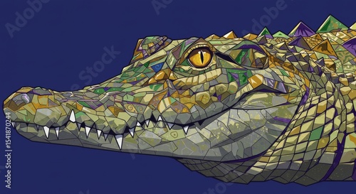 Mosaic style illustration of an alligator head on blue background