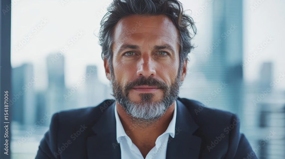 Fototapeta premium A poised businessman with a well-groomed beard and hair sits in a modern office, radiating confidence amidst a city skyline backdrop that conveys professionalism and success.