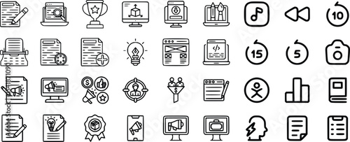 Black and White Content Marketing Icons Set Website Design Elements