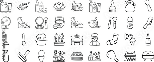 Black and White Hand Drawn Spa and Hygiene Icons vector