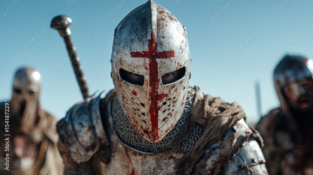 Naklejka premium This striking image shows a warrior clad in battle attire and a helmet marked with a red cross, embodying strength, bravery, and the spirit of historical conflicts in a captivating landscape.