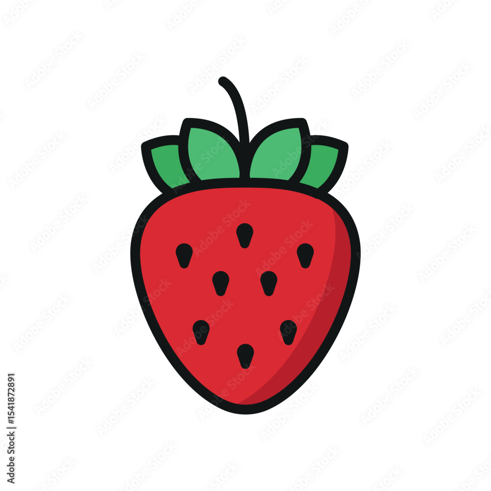 Obraz premium Bright red strawberry with yellow seeds and green leaf. Great for juicy fruit visuals.