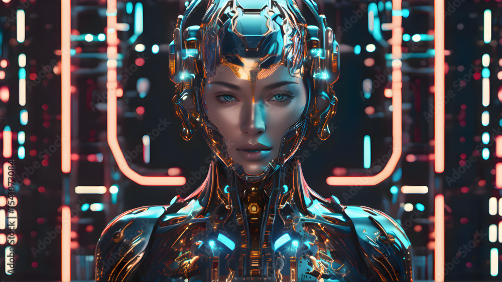 Woman dressed in a futuristic armored suit standing against a background of vibrant neon lights in a sci-fi world Woman dressed in a futuristic armored suit standing against a background of vibrant neon lights in a sci-fi world